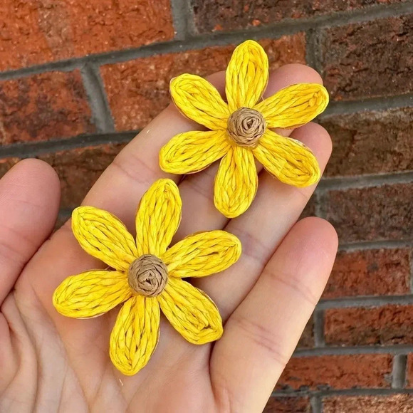 Bohemian Sunflower Sky Boho Raffia Flower Earrings - Picture 4 of 10